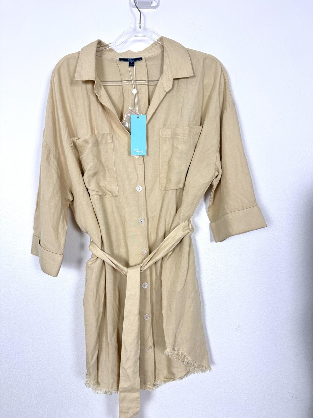 Shore Shirt Dress Womens Medium Beige Linen Blend Oversized Tie Waist raw hem